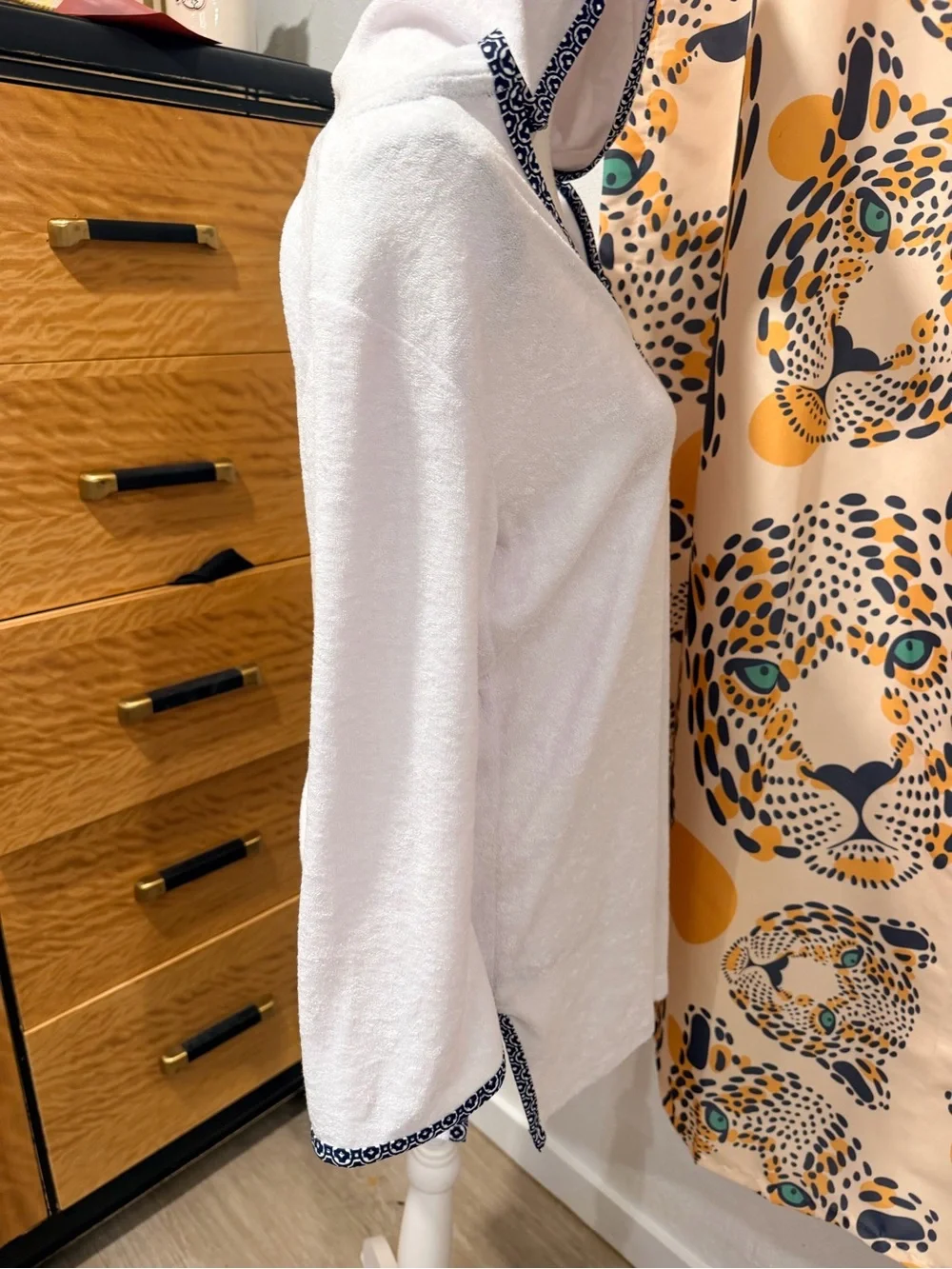 Helen Jon Tangier White V-Neck Swim Cover-Up Tunic with Blue Trim medium